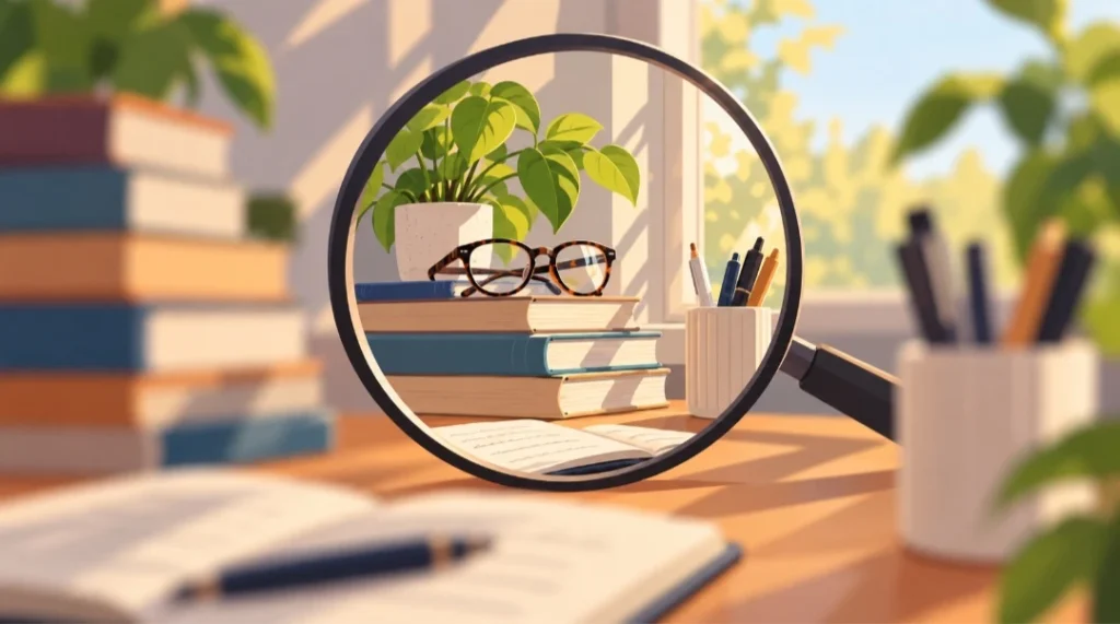 migliorare la concentrazione. Illustrazione di una lente d'ingrandimento che mette a fuoco libri, occhiali e strumenti di scrittura, lasciando sfocato l'ambiente circostante.