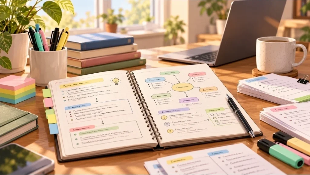 Scrivania organizzata con quaderno, appunti, schemi ed evidenziatori per imparare a prendere appunti ordinati