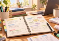 Scrivania organizzata con quaderno, appunti, schemi ed evidenziatori per imparare a prendere appunti ordinati