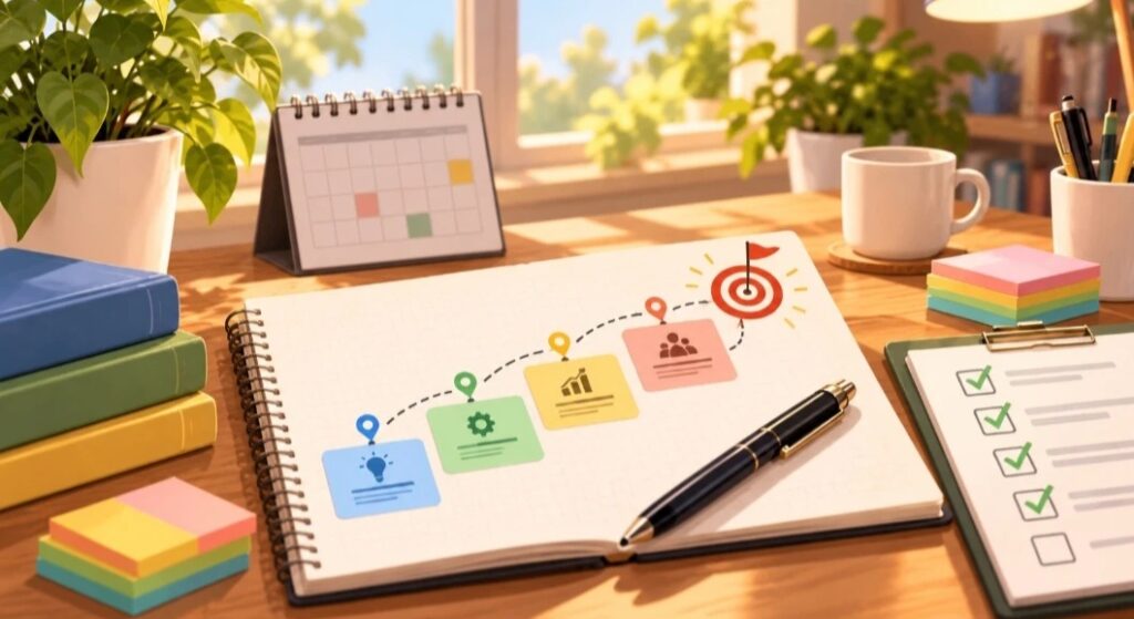 Scrivania organizzata con quaderno, percorso a tappe, checklist e bersaglio per raggiungere un obiettivo