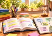 Scrivania organizzata con libri, appunti, evidenziatori e clessidra per studiare velocemente