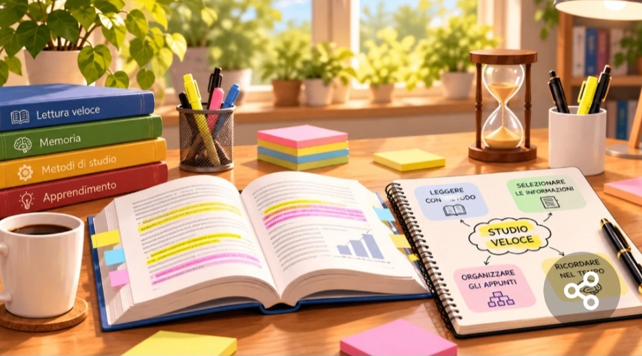 Scrivania organizzata con libri, appunti, evidenziatori e clessidra per studiare velocemente